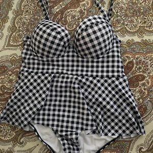 Gingham one piece bathing suit with peplum
